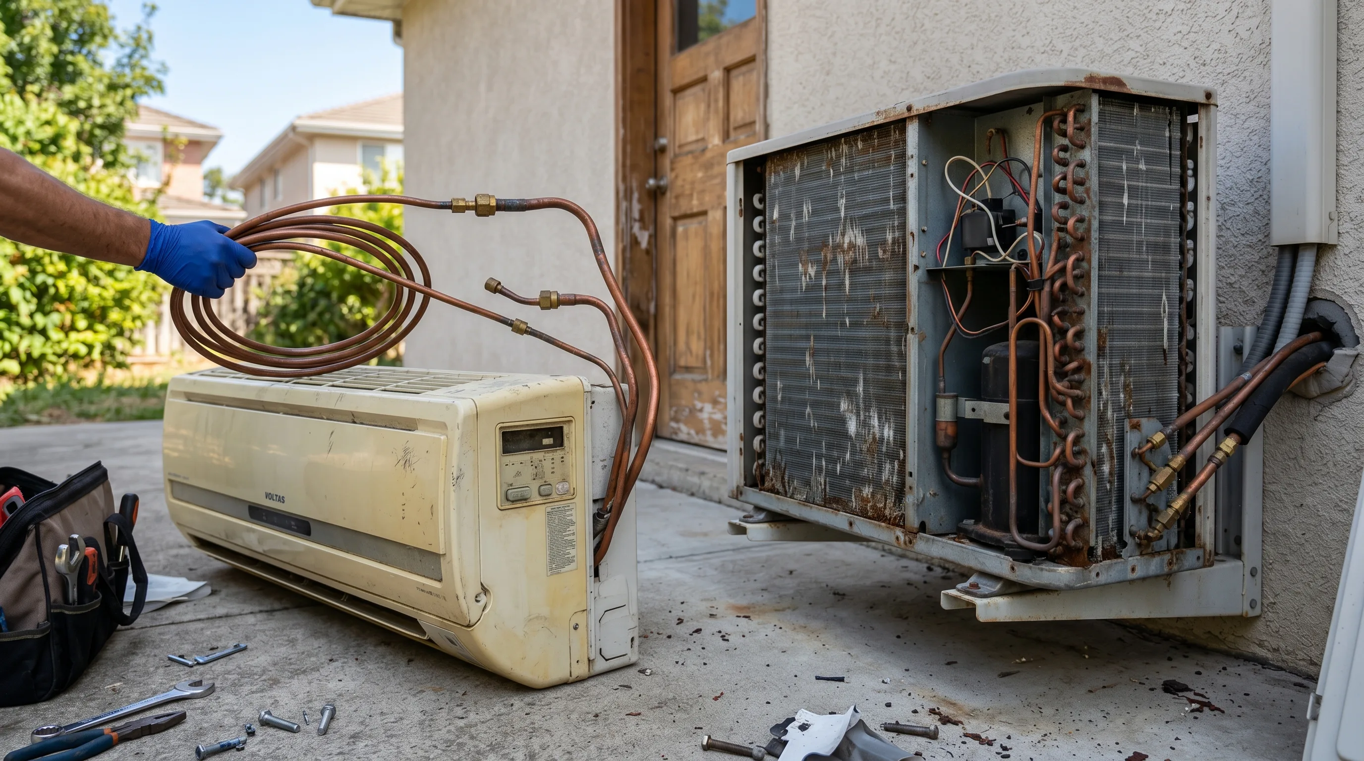 AC scrap buyers in Chennai removing an old split air conditioner