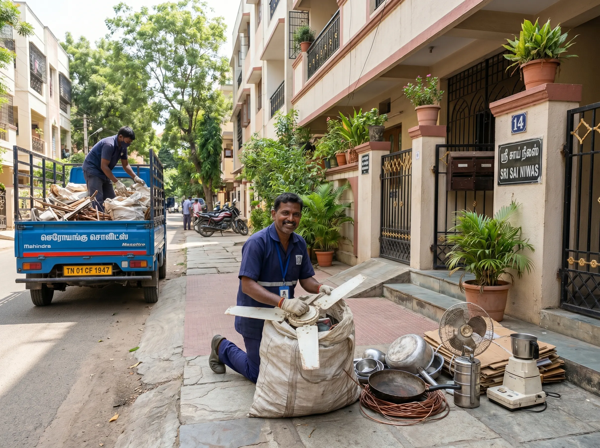 Scrap buyers in Anna Nagar Chennai collecting household scrap at a customer's doorstep