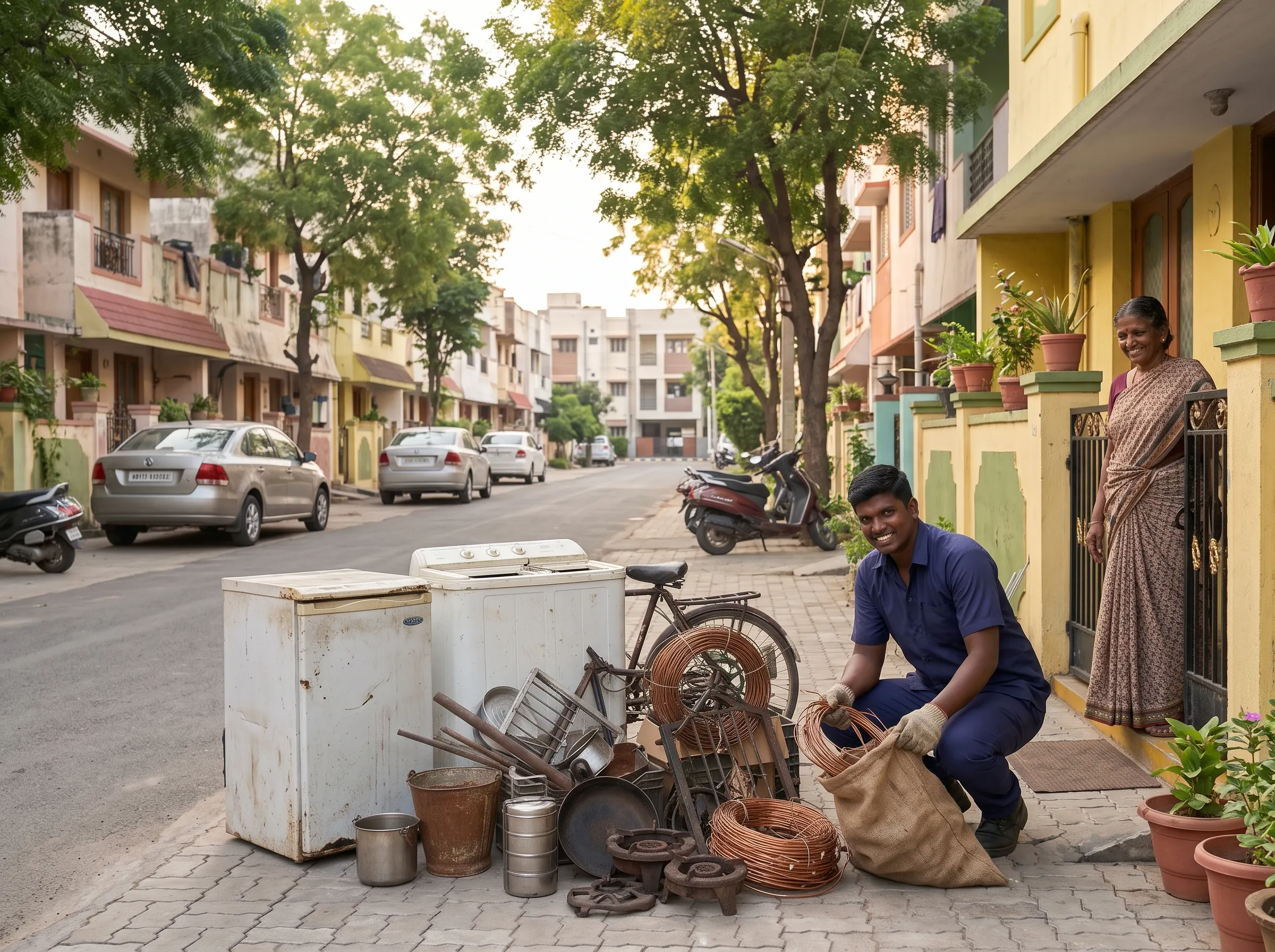 Scrap buyers in Ashok Nagar Chennai collecting household and shop scrap at the doorstep
