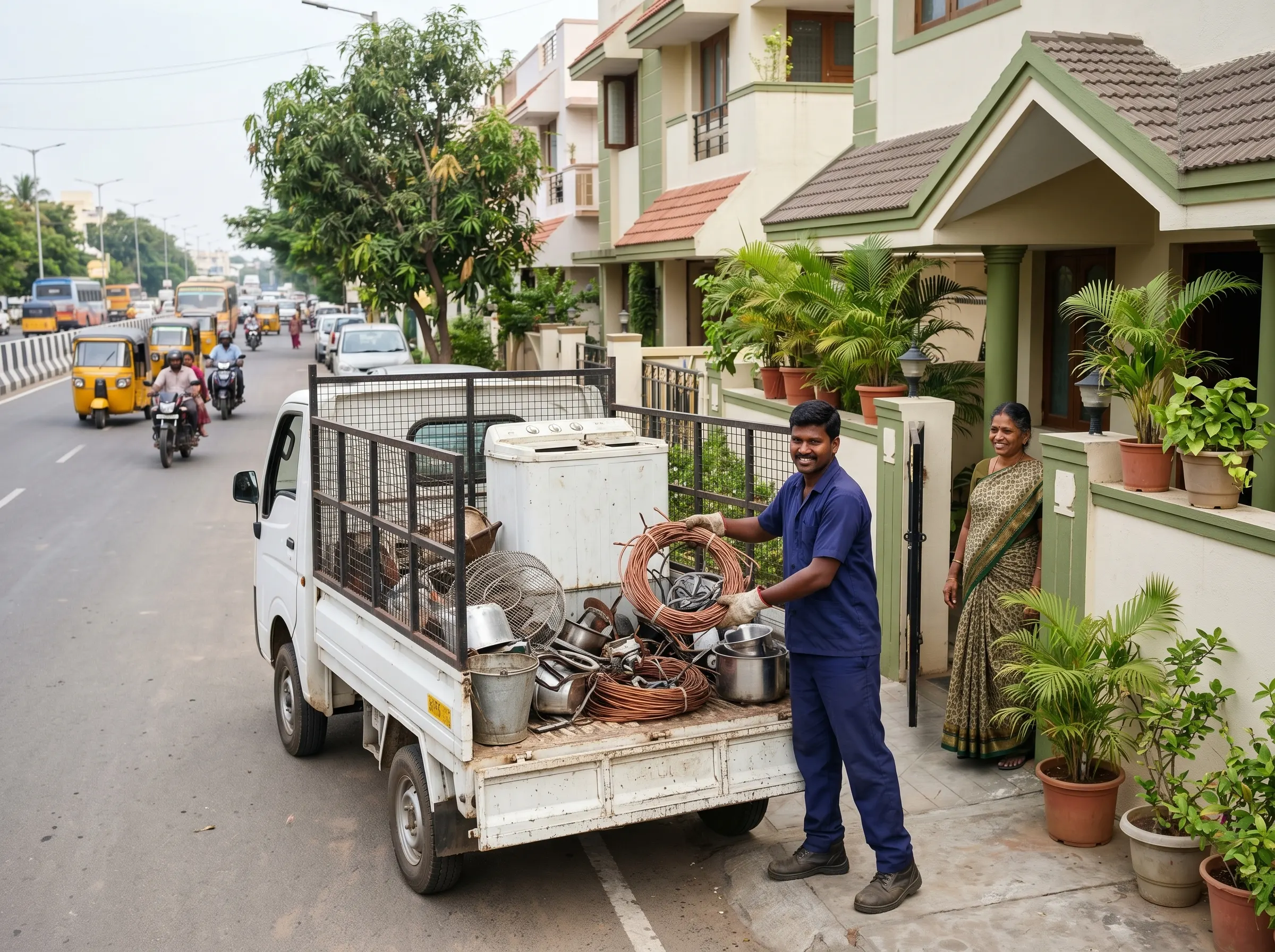 Scrap buyers in Chromepet Chennai collecting household scrap at a customer's doorstep