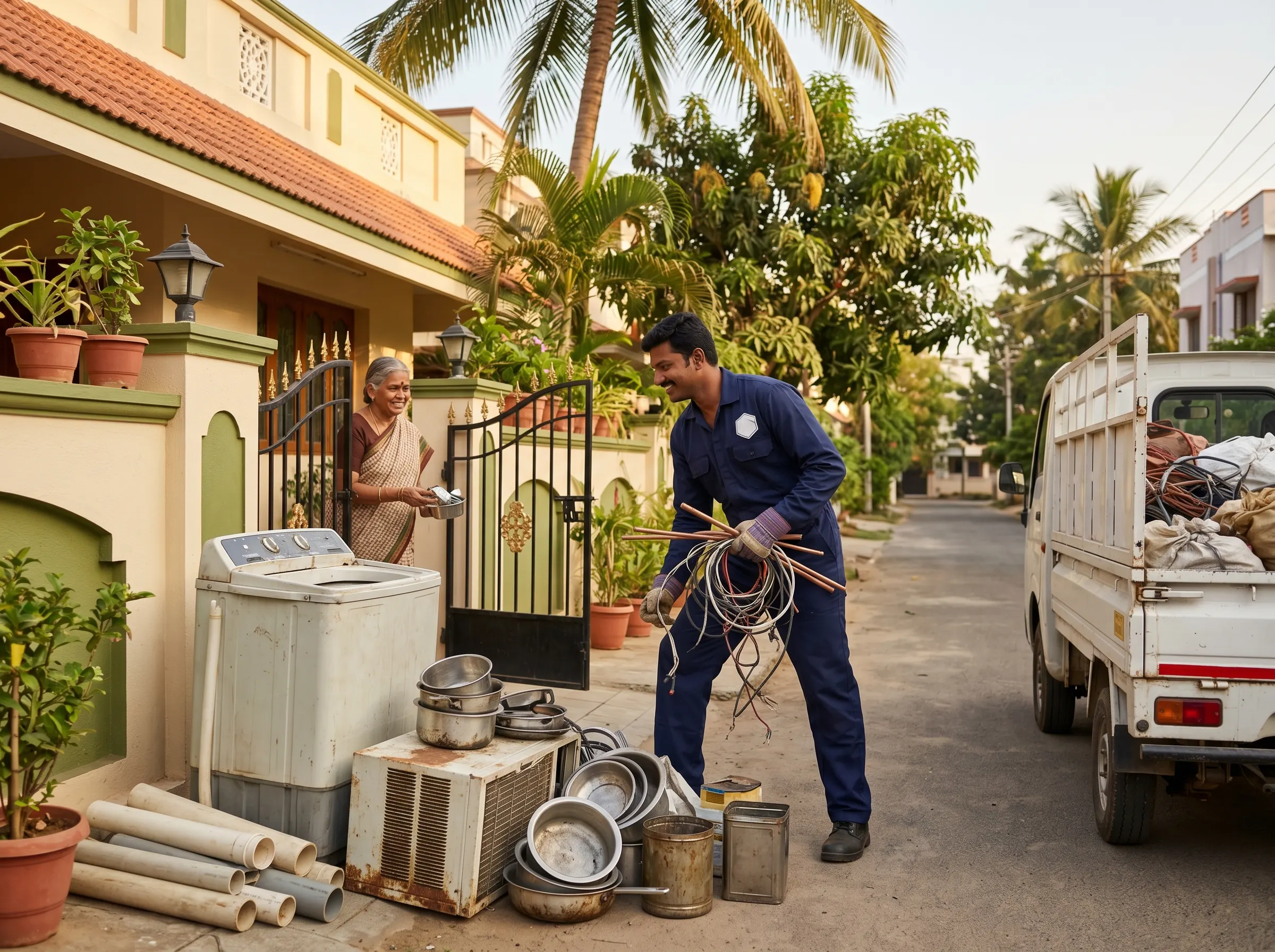 Scrap buyers in Injambakkam Chennai collecting household scrap at a customer's doorstep on the ECR