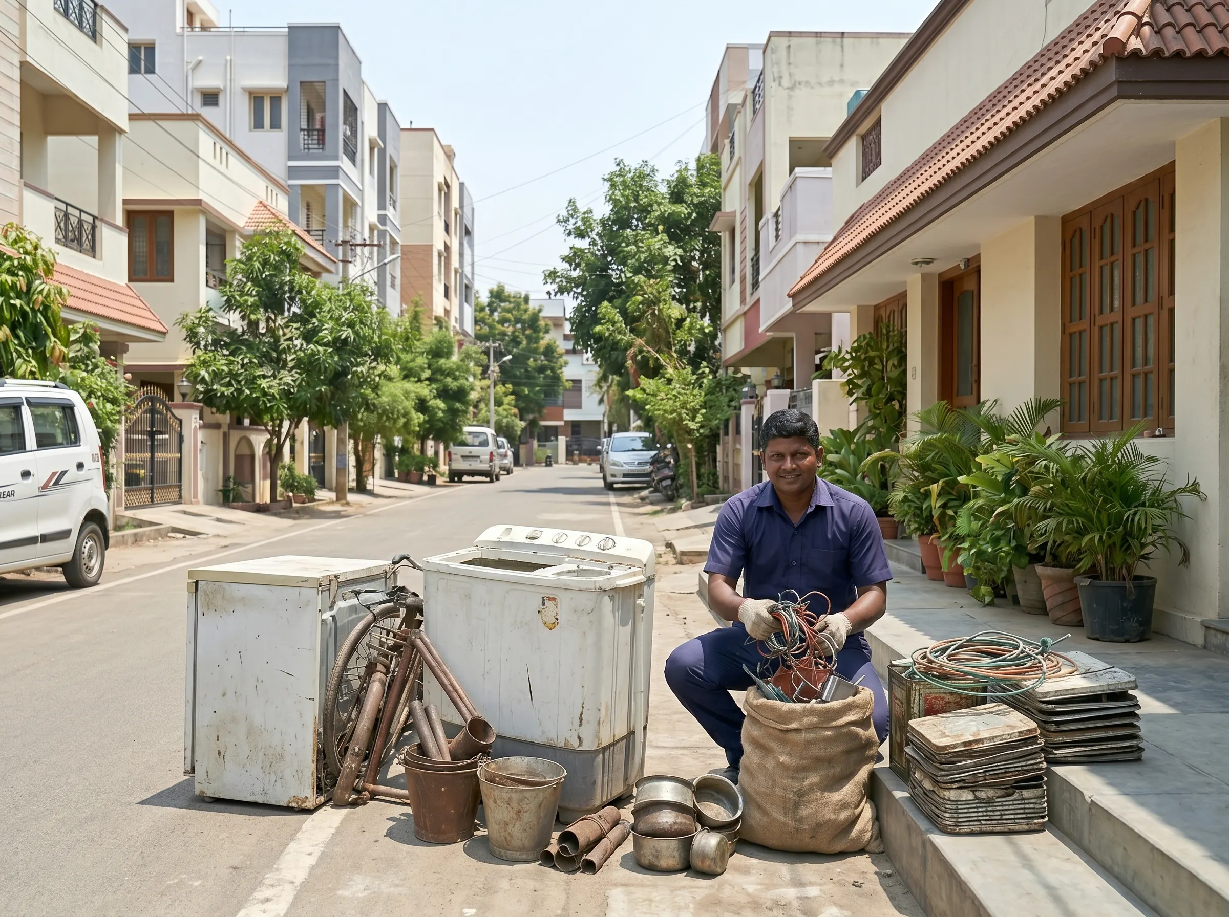 Scrap buyers in KK Nagar Chennai collecting household and apartment scrap at the doorstep