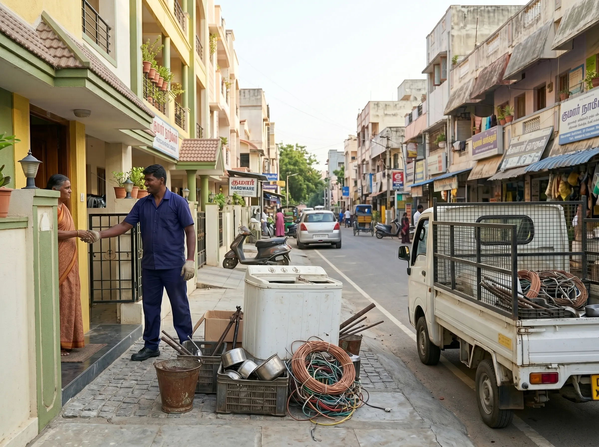 Scrap buyers in Kodambakkam Chennai collecting household and shop scrap at the doorstep