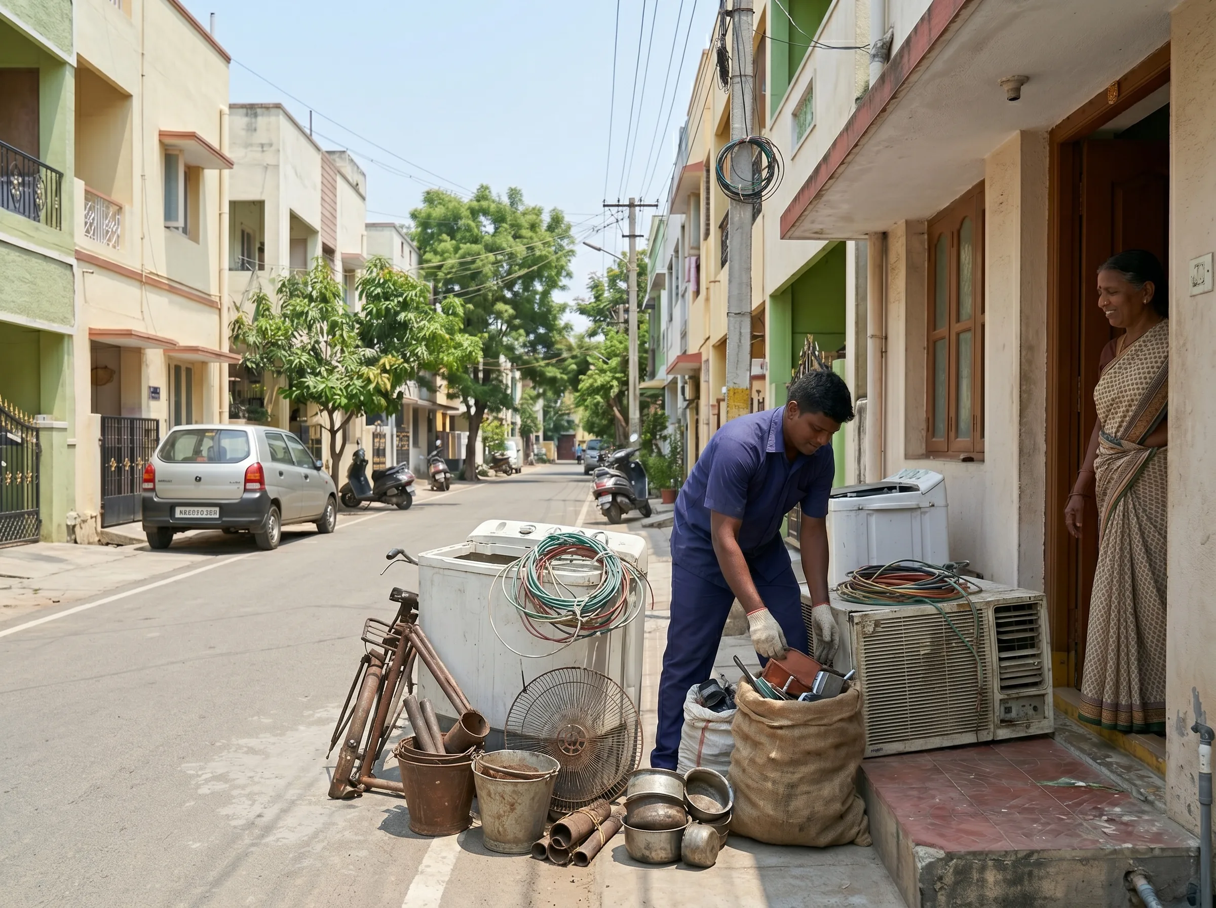 Scrap buyers in Kolathur Chennai collecting household and apartment scrap at the doorstep