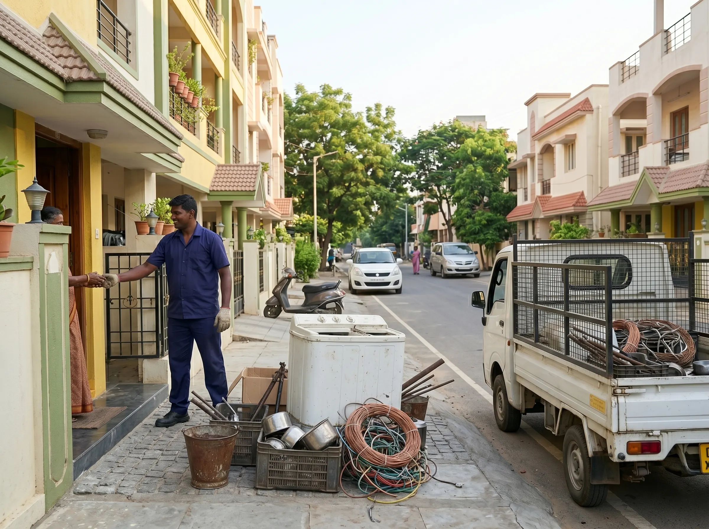 Scrap buyers in Mogappair Chennai collecting household and apartment scrap at the doorstep