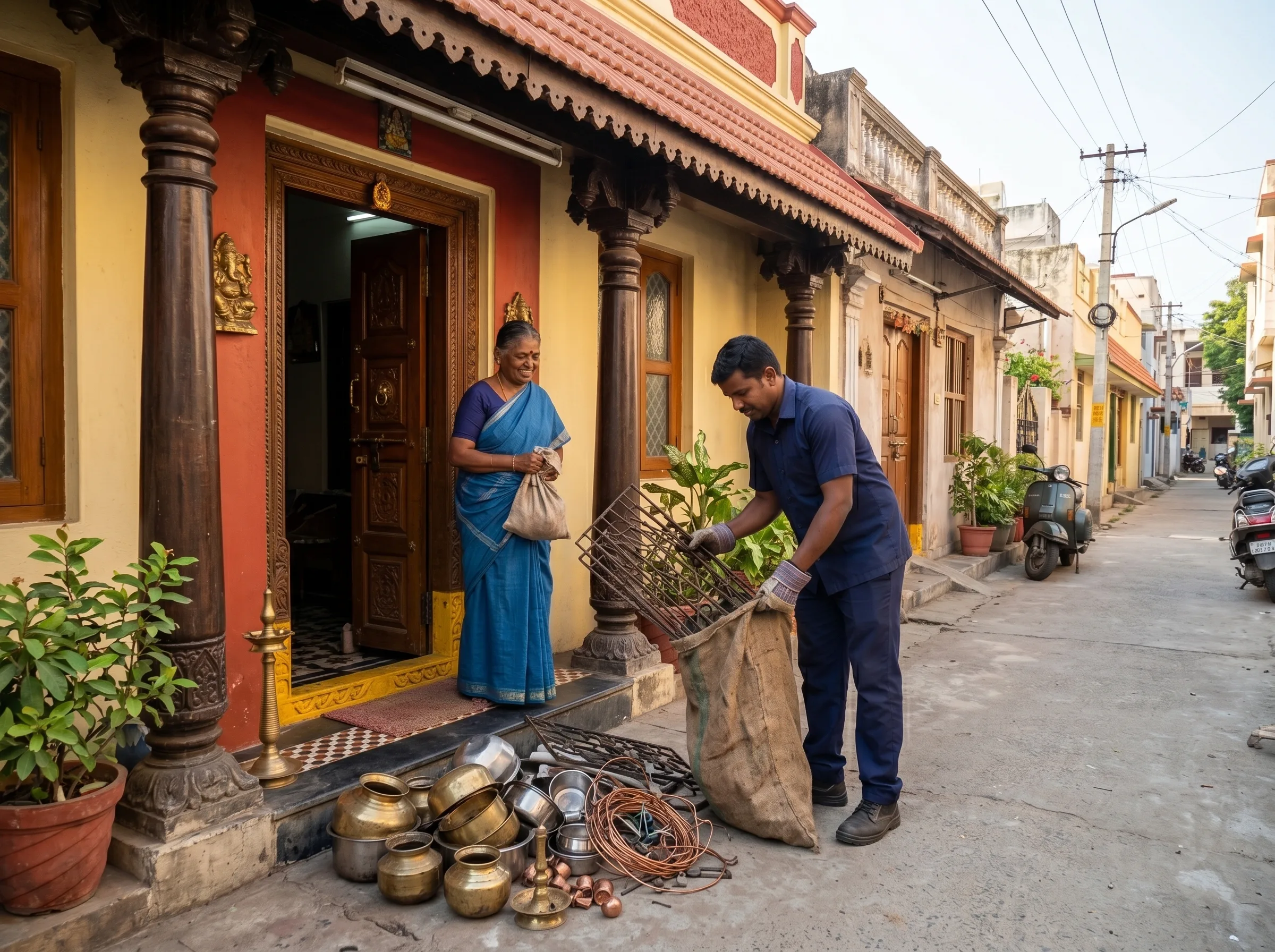 Scrap buyers in Mylapore Chennai collecting household scrap including brass and copper at a customer's doorstep