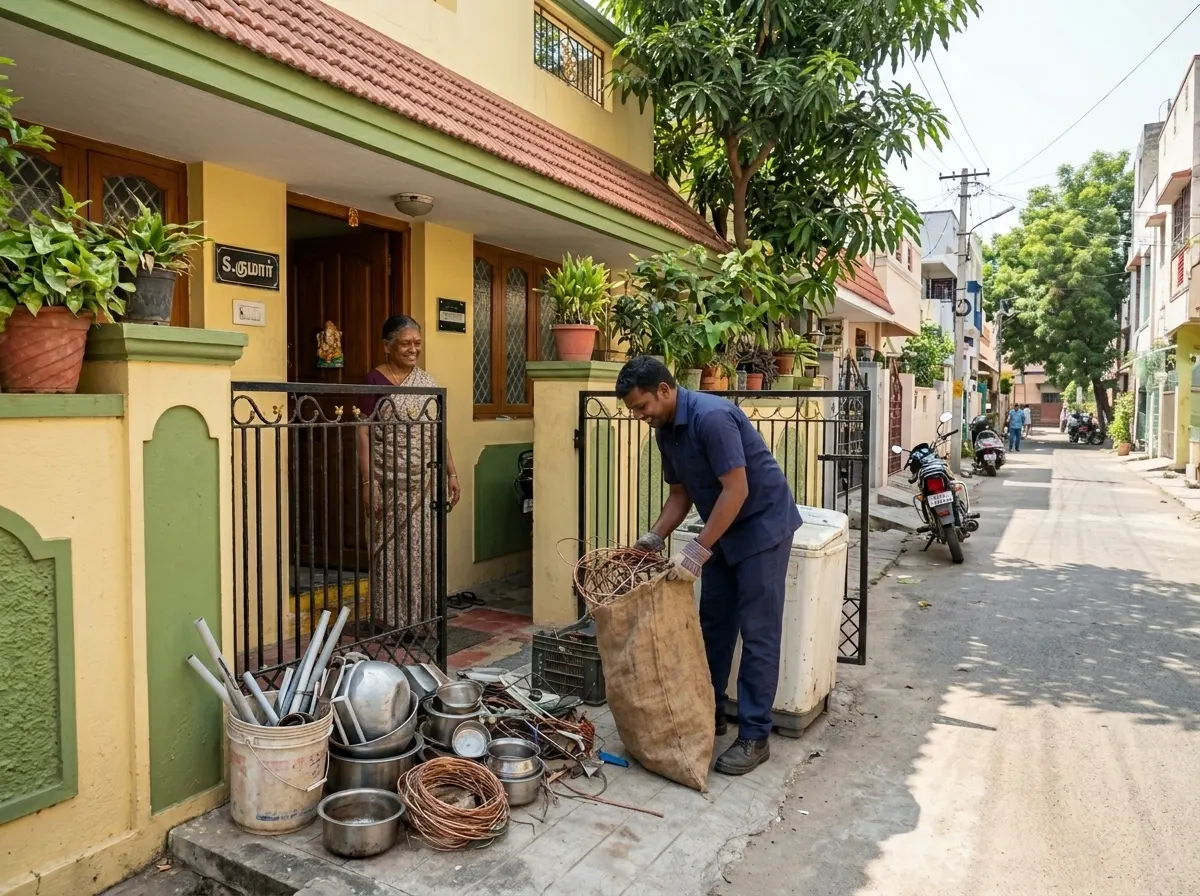 Scrap buyers in Nanganallur Chennai collecting household and shop scrap at the doorstep