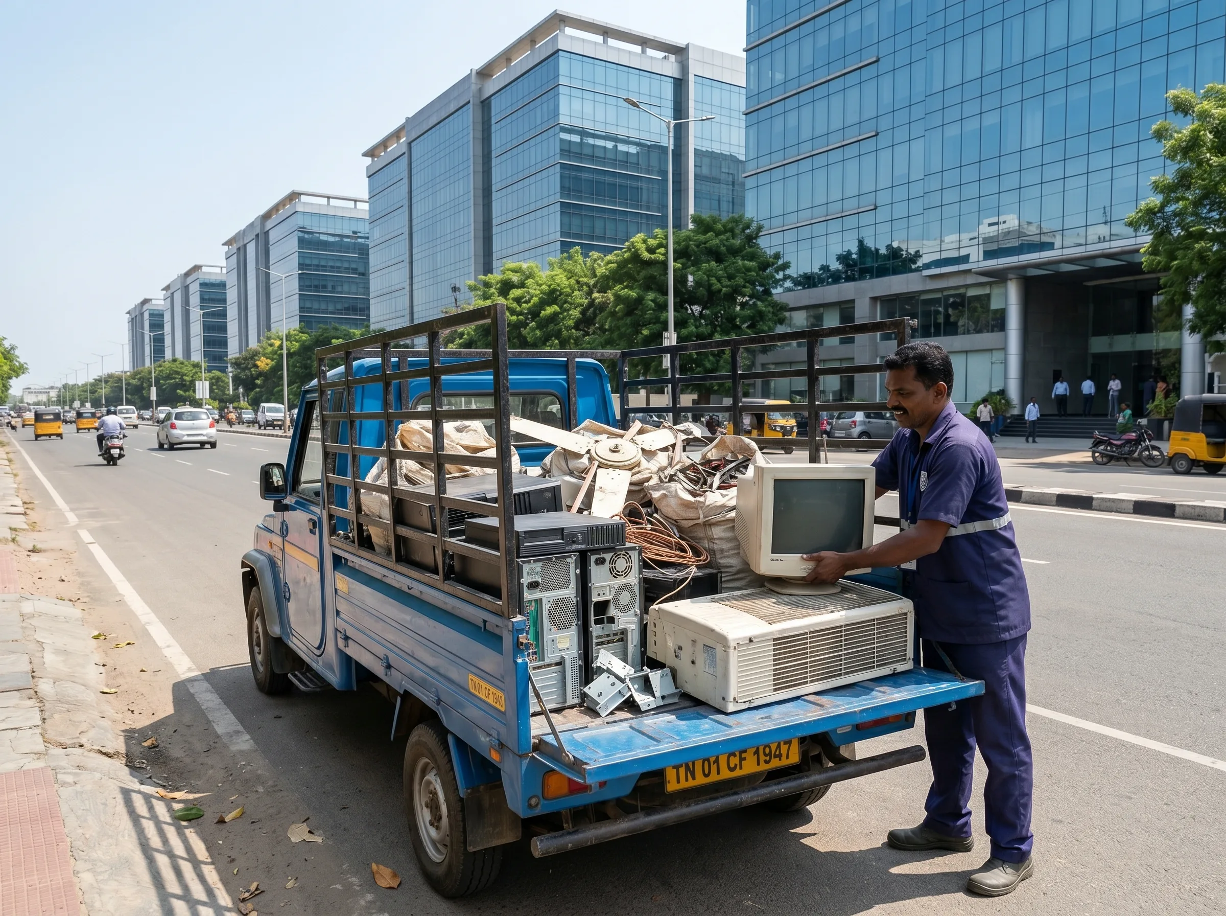 Scrap buyers in OMR Chennai collecting office and household scrap along the corridor