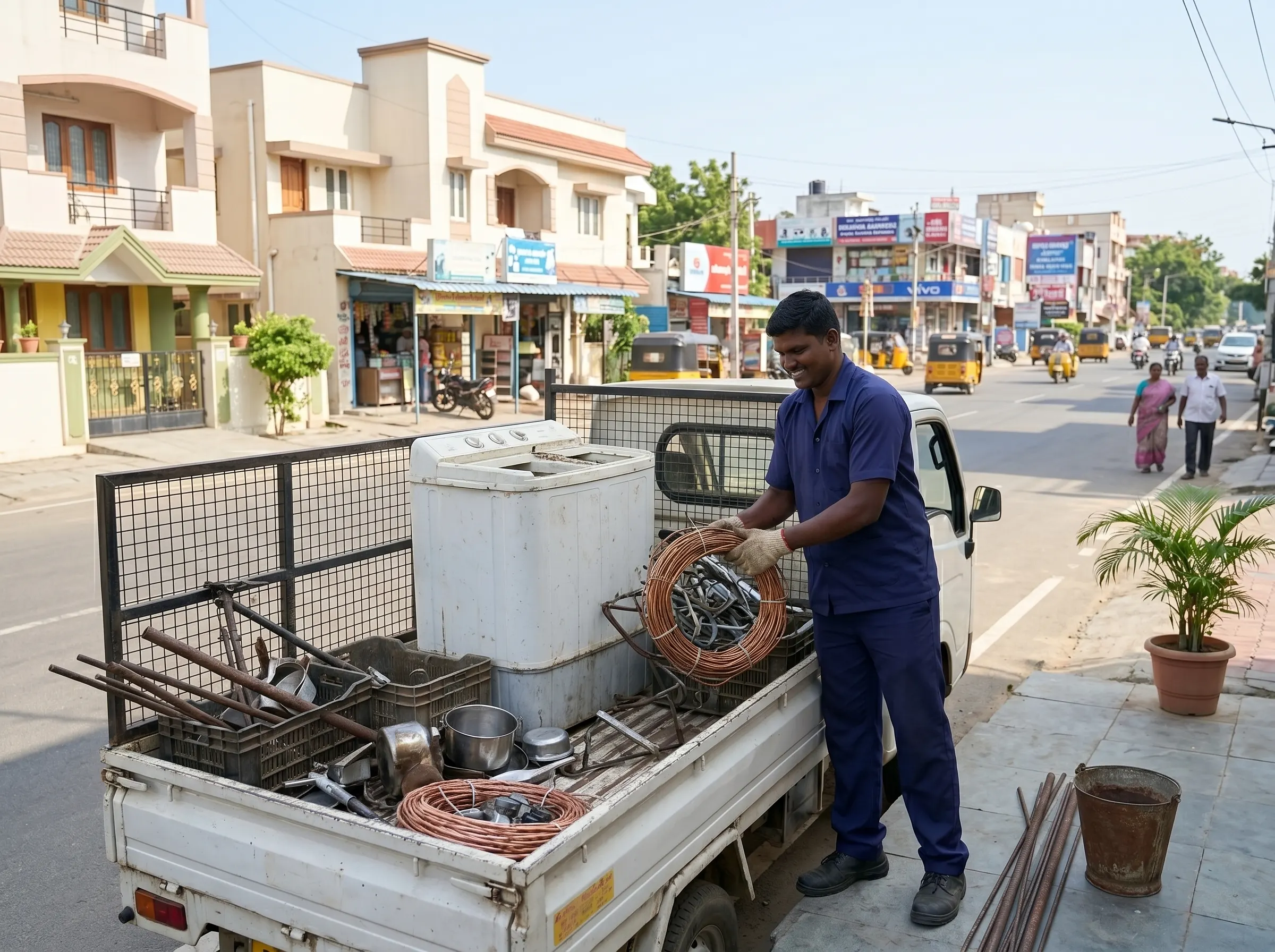 Scrap buyers in Pallavaram Chennai collecting household and shop scrap at the doorstep