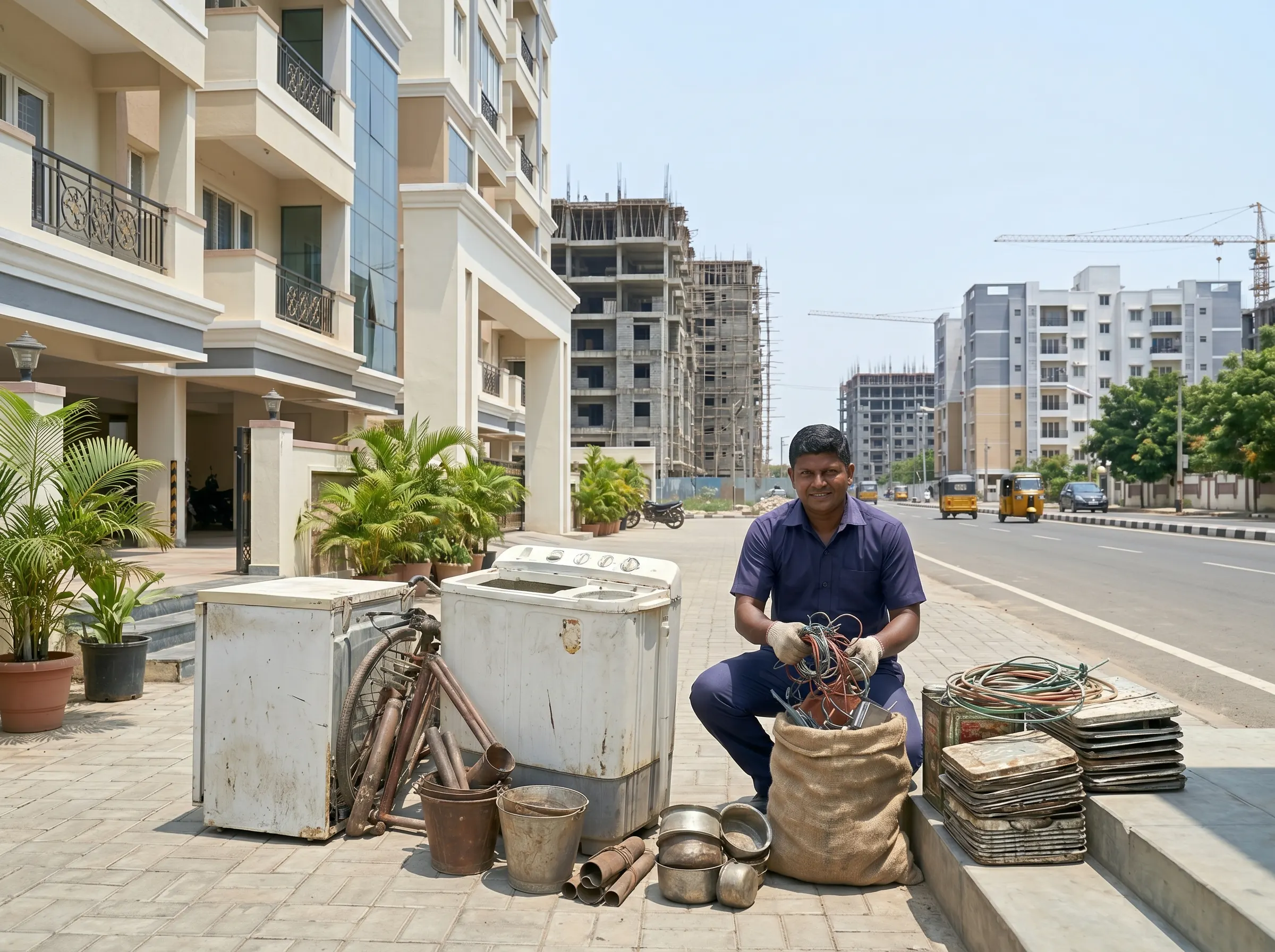 Scrap buyers in Pallikaranai Chennai collecting apartment and household scrap at the doorstep