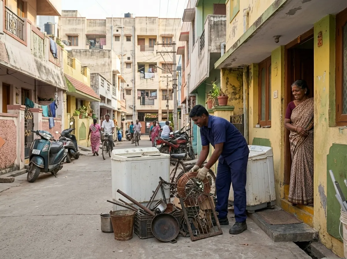 Scrap buyers in Perambur Chennai collecting household and shop scrap at the doorstep