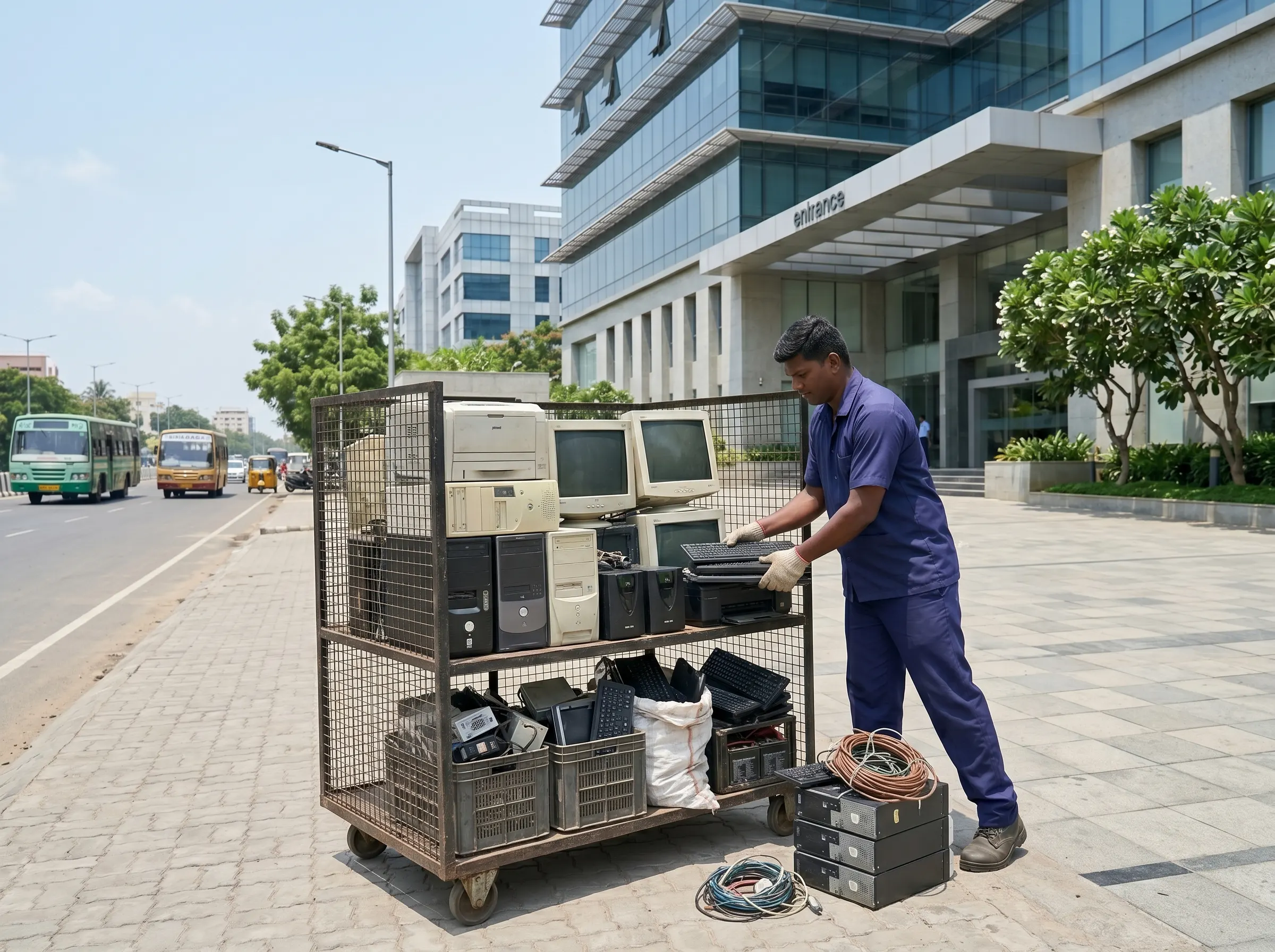 Scrap buyers in Perungudi Chennai collecting office e-waste and household scrap at the doorstep