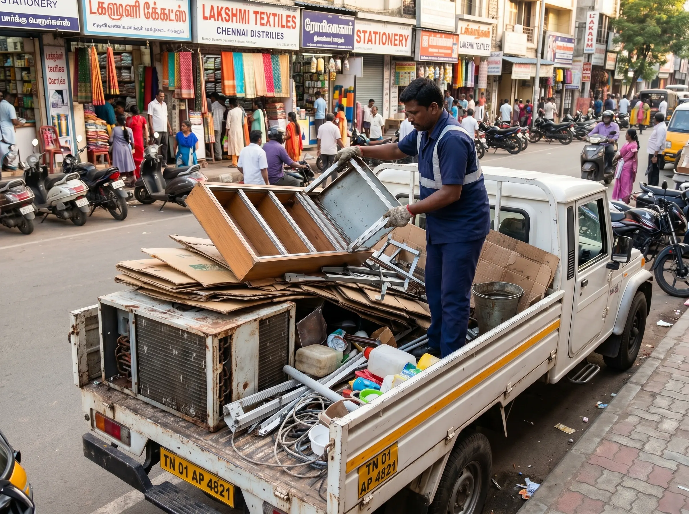 Scrap buyers in Porur Chennai collecting household scrap at a customer's doorstep