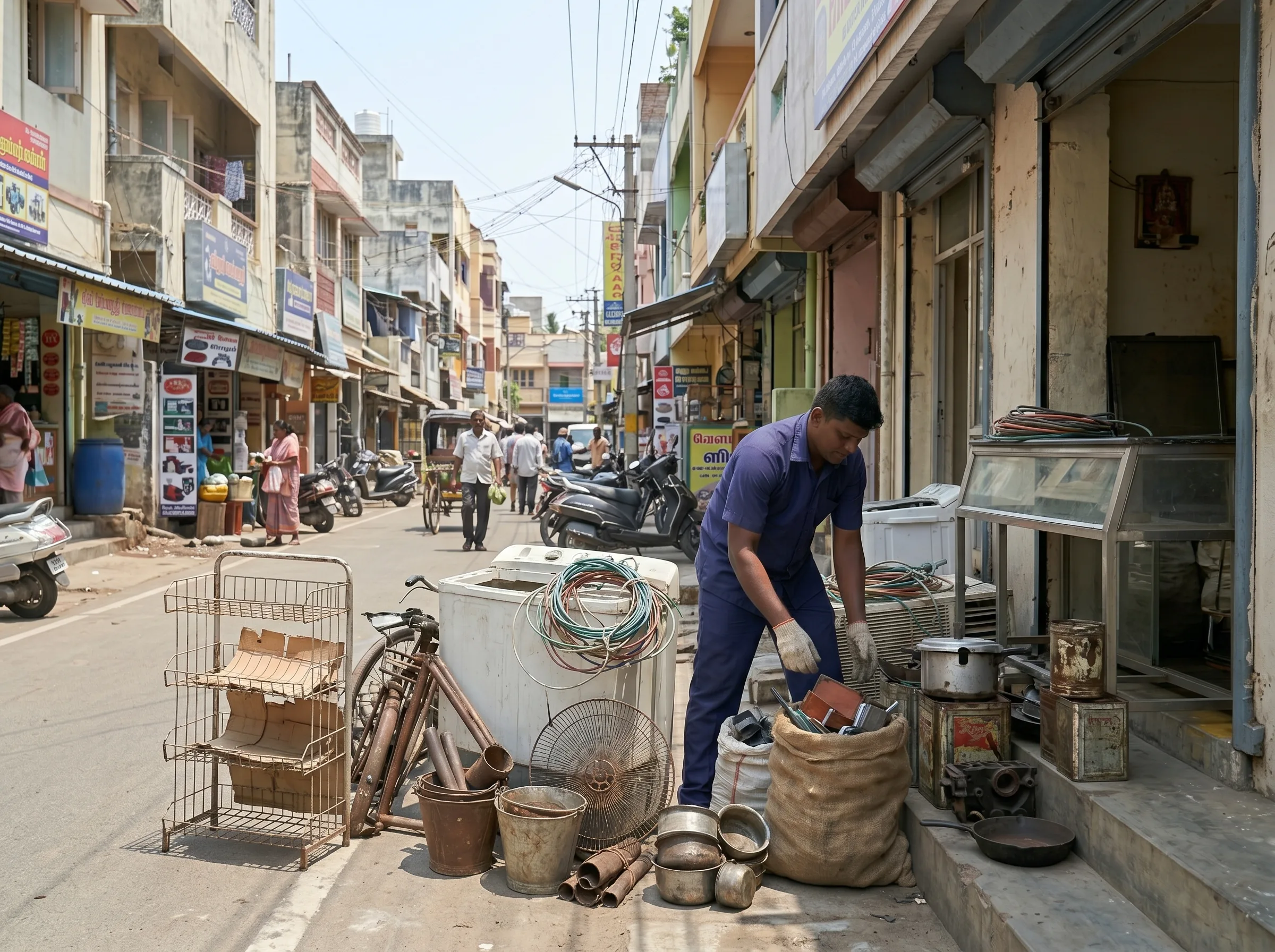 Scrap buyers in Saidapet Chennai collecting shop and household scrap at the doorstep