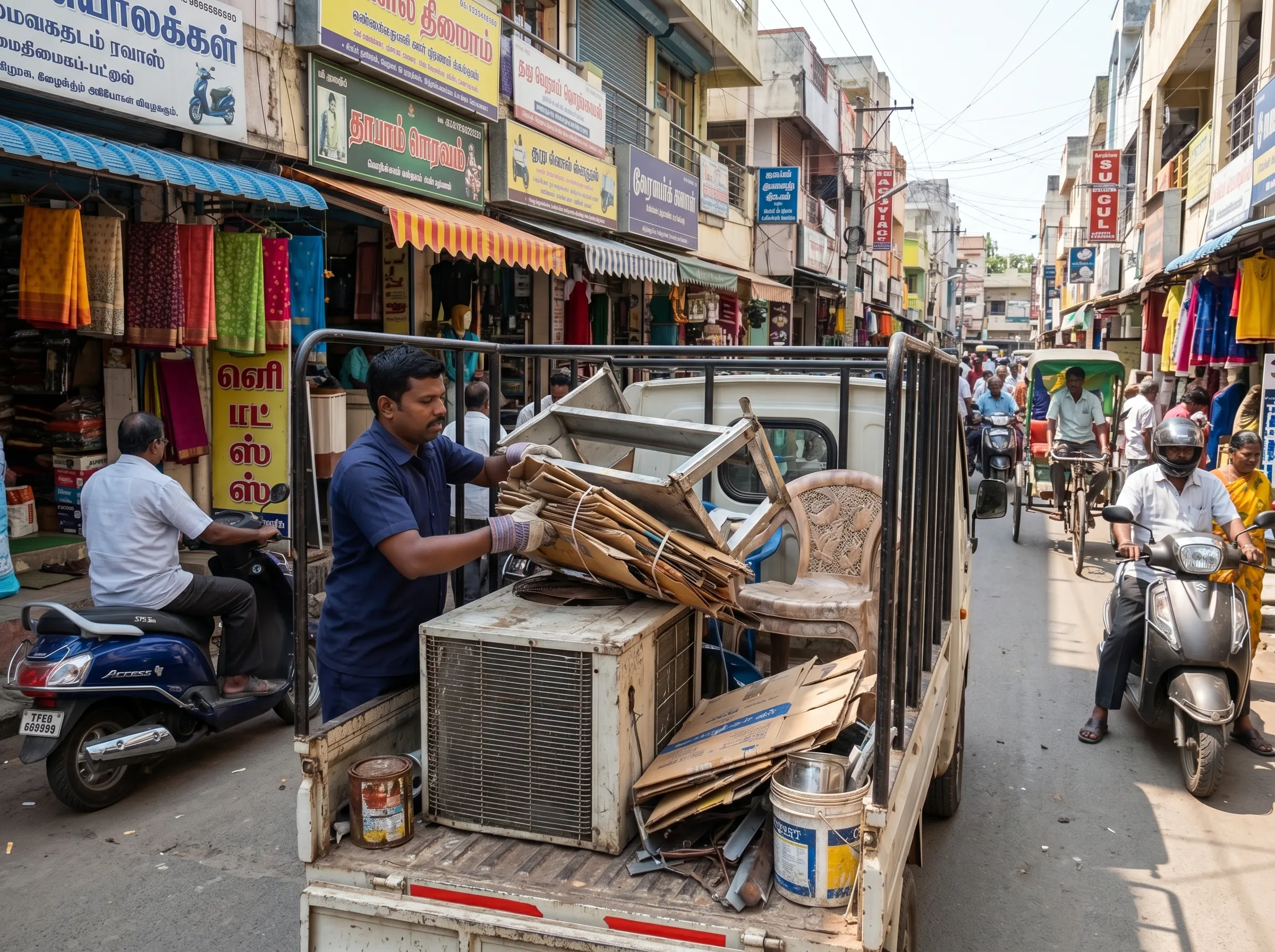 Scrap buyers in T. Nagar Chennai collecting shop and household scrap at the doorstep