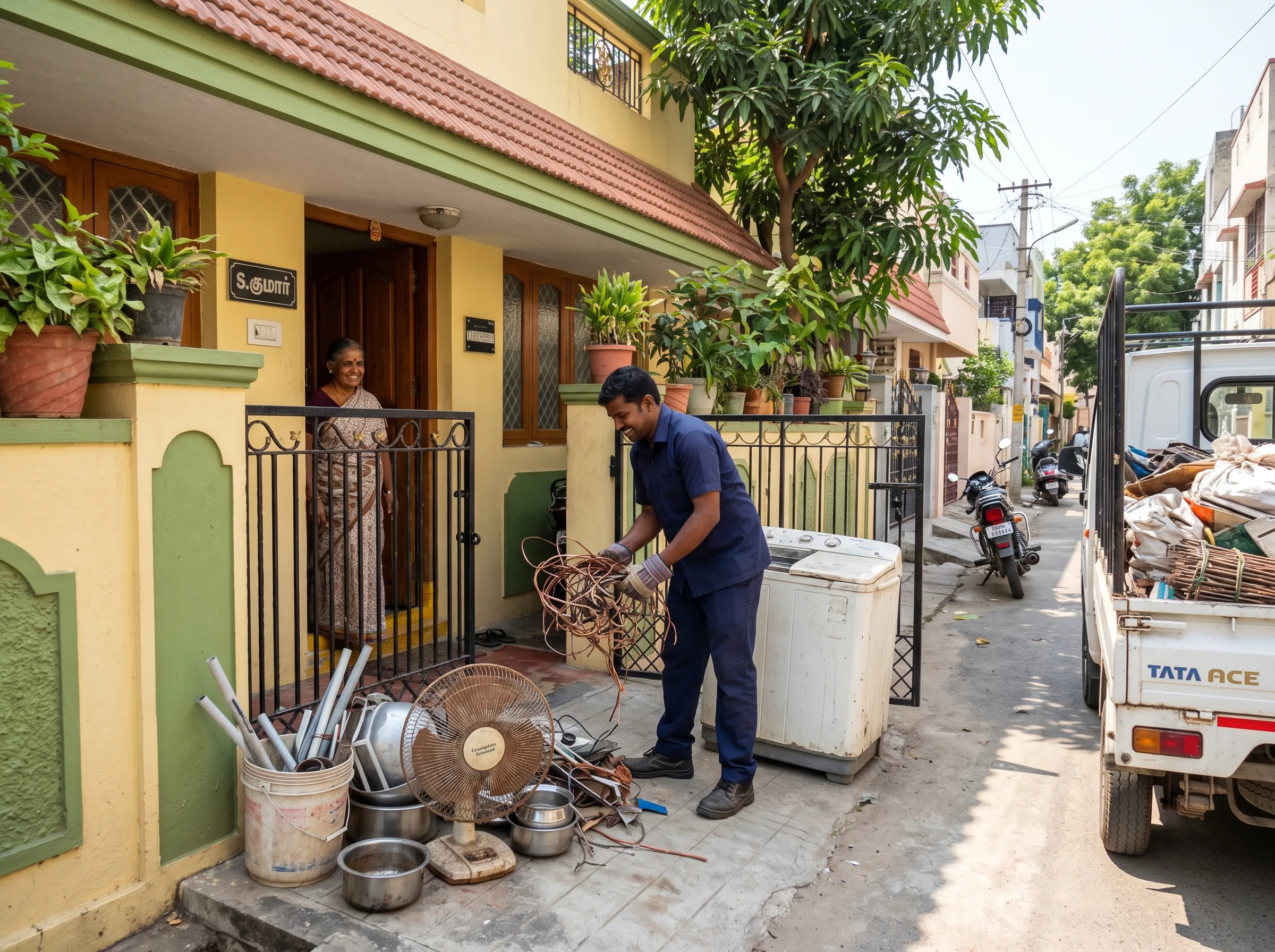 Scrap buyers in Tambaram Chennai collecting household scrap at a customer's doorstep
