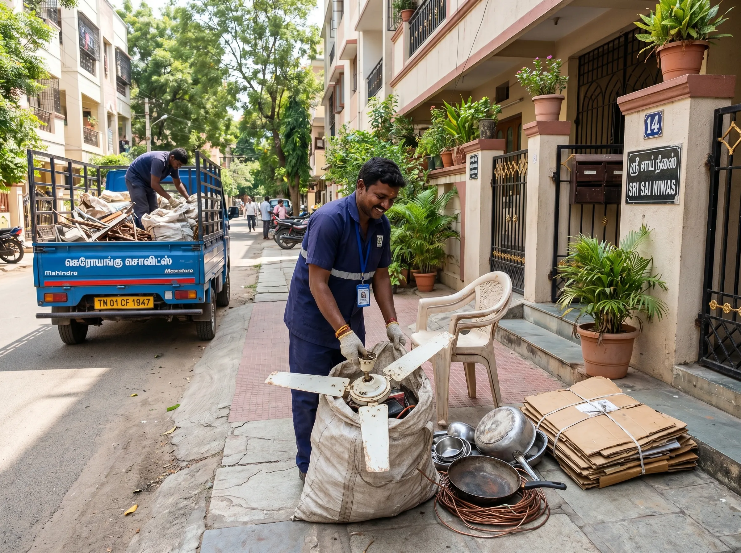 Scrap buyers in Velachery Chennai collecting household scrap at a customer's doorstep