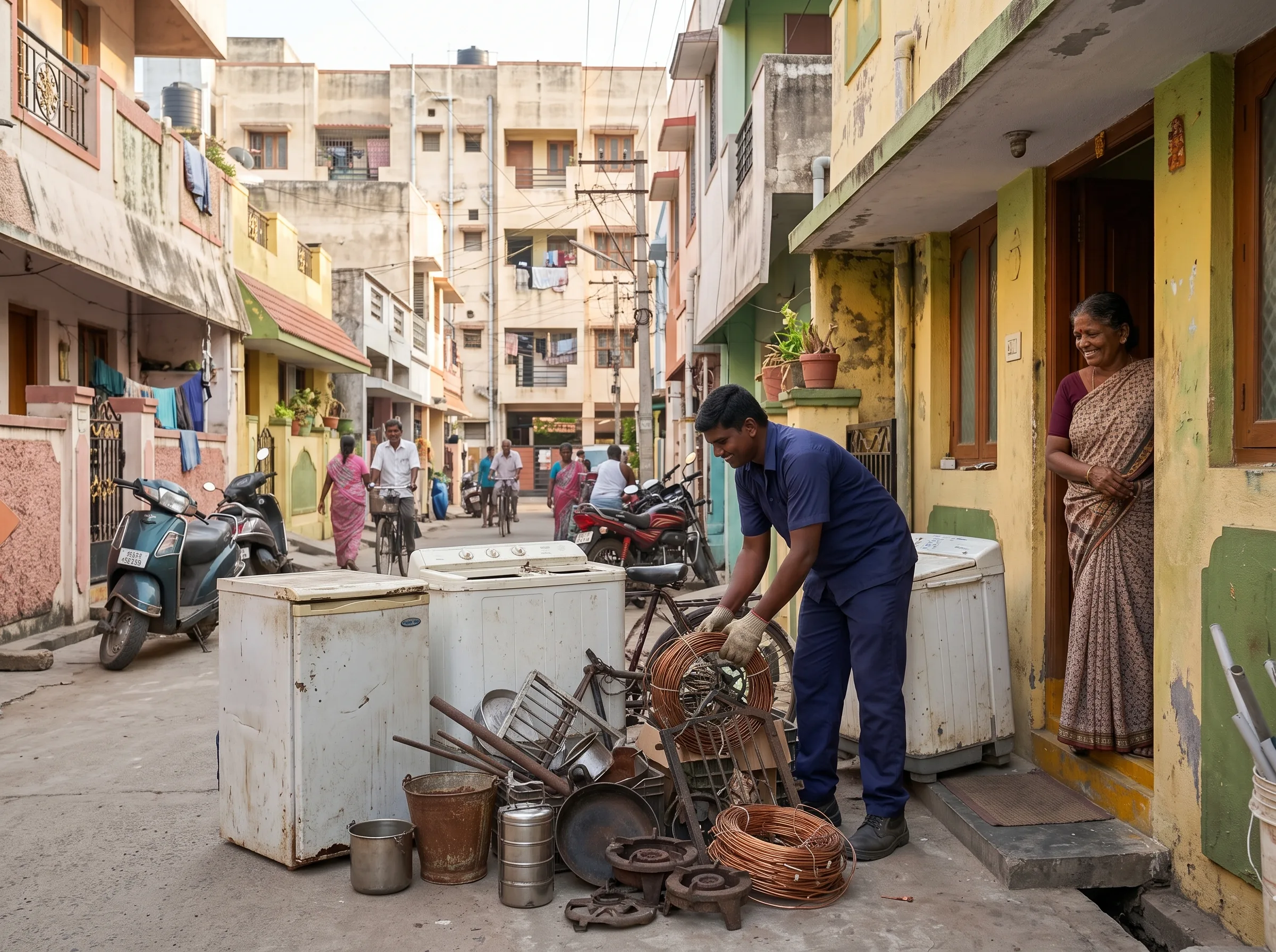Scrap buyers in Villivakkam Chennai collecting household and shop scrap at the doorstep