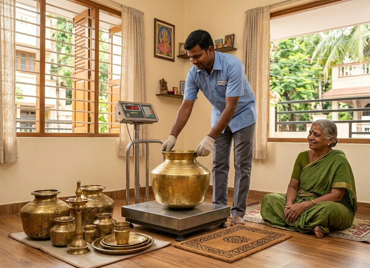 Brass scrap buyers in Chennai weighing old brass vessels on a digital scale