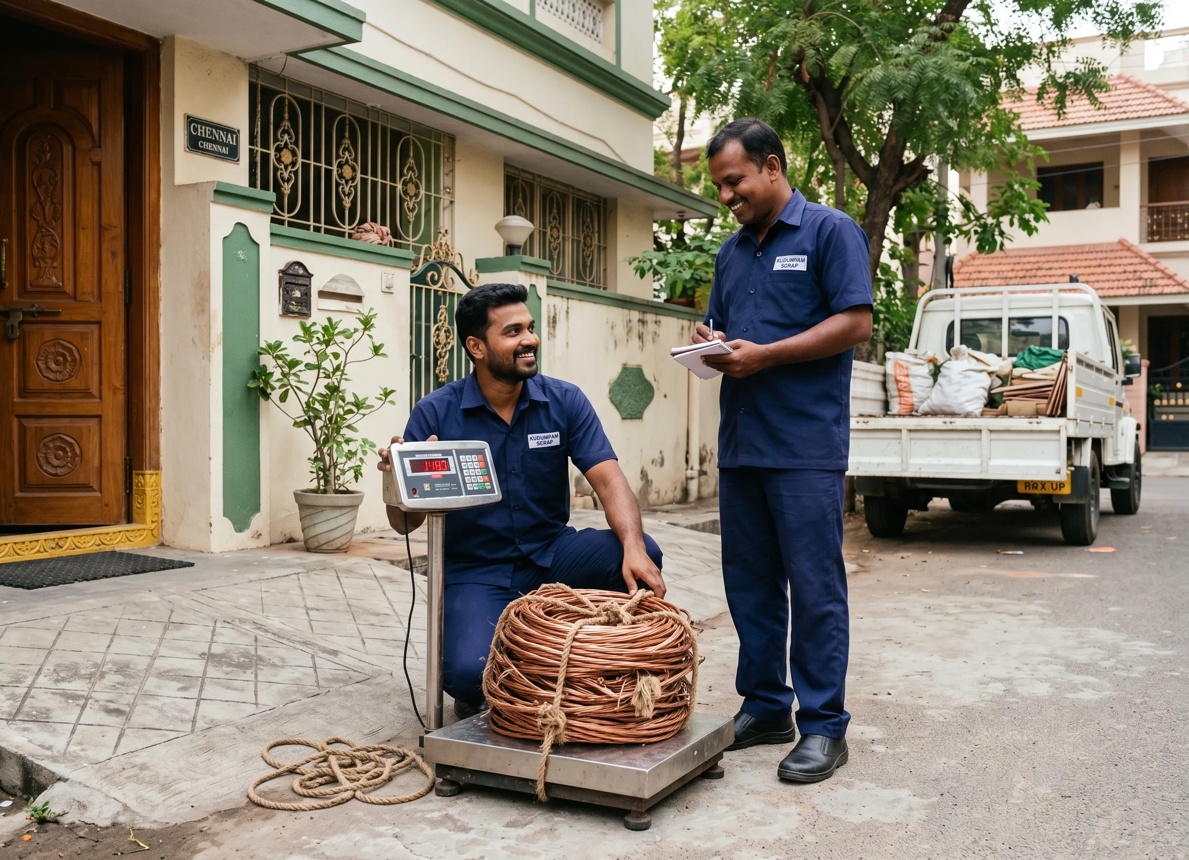 Copper scrap buyers in Chennai weighing copper wire at a customer's doorstep