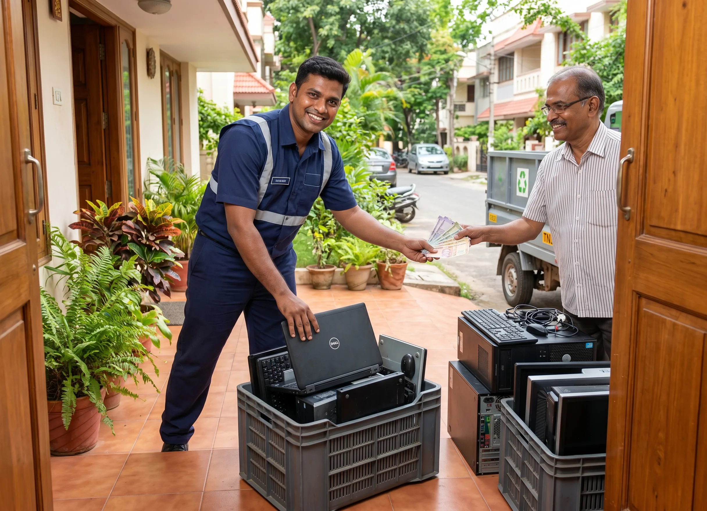 E-waste buyers in Chennai collecting old computers and laptops for cash at a customer's door
